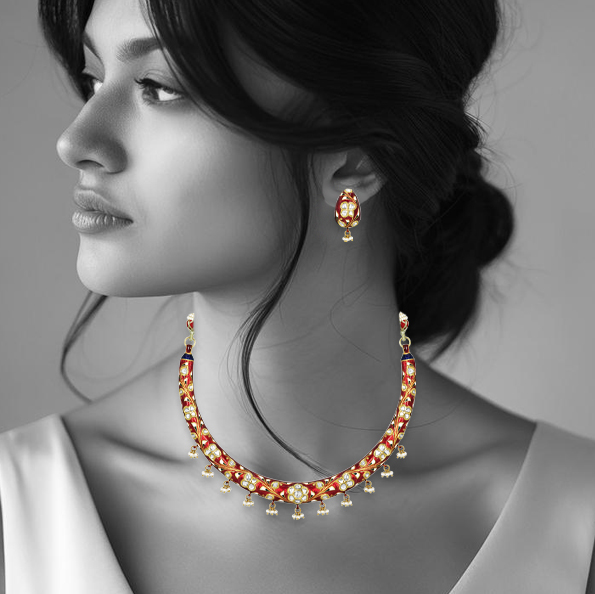 Polki Hasli Necklace Set with Red Enamel and Pearl Beads